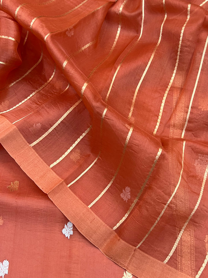Rust Orange Kora Silk Banarasi Saree with Sona Rupa Butis 