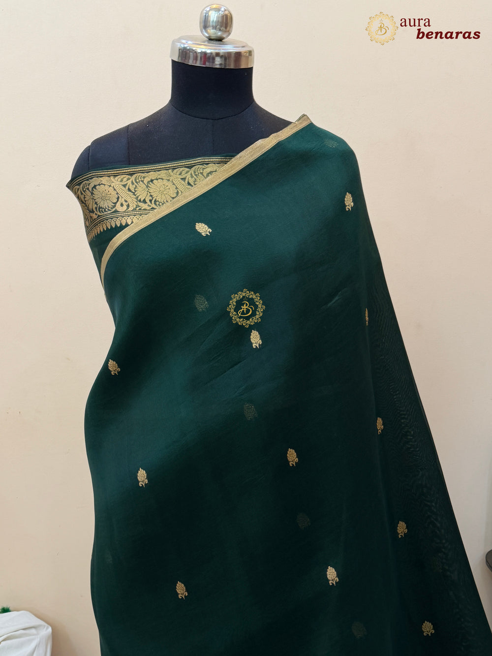 Bottle Green Kora Silk Banarasi Saree – Kadhwa Butis in Zari