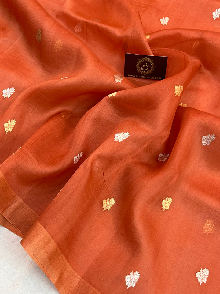 Rust Orange Kora Silk Banarasi Saree with Sona Rupa Butis 