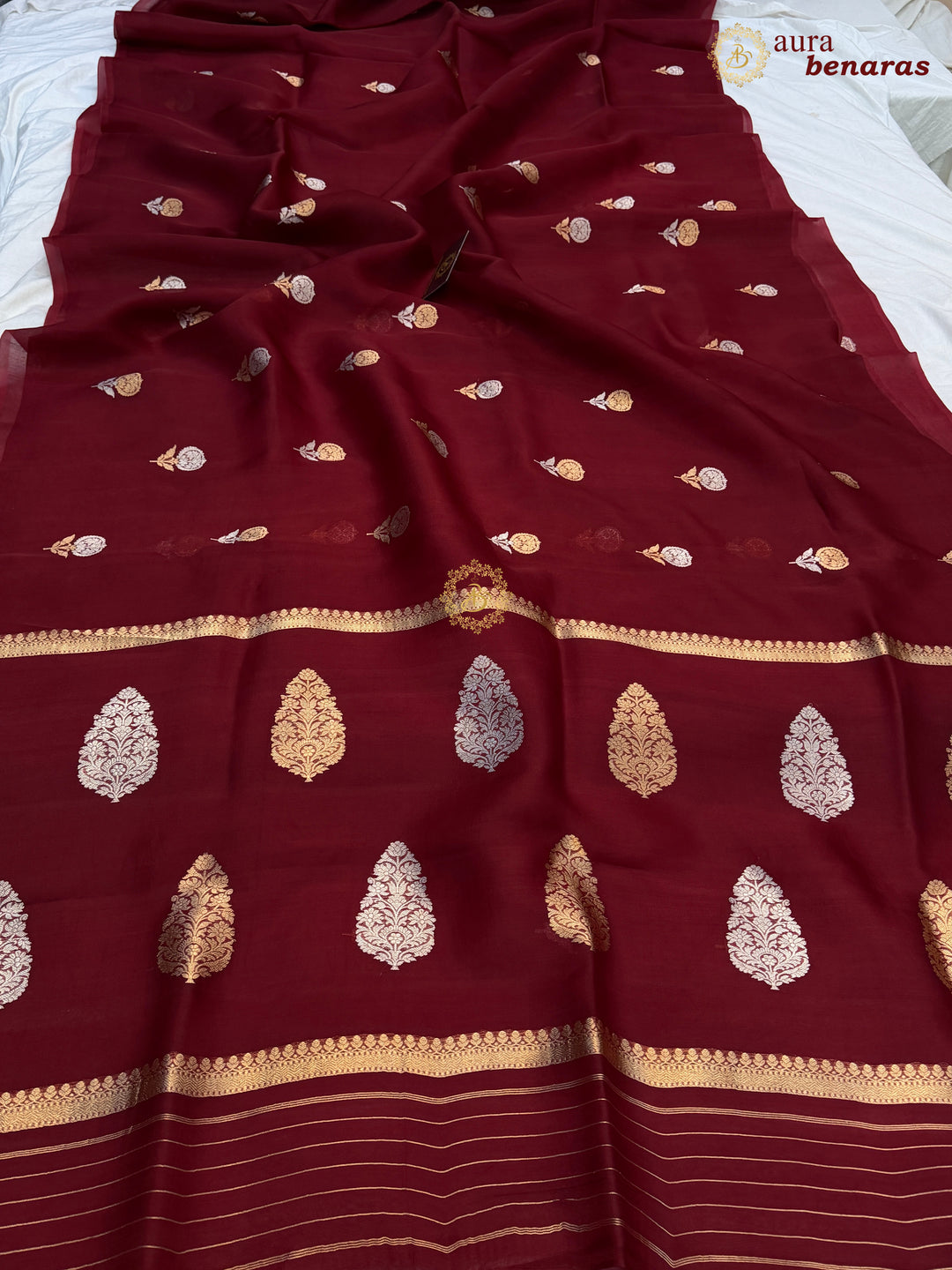 Maroon Kora Silk Banarasi Saree with Sona Rupa Butis
