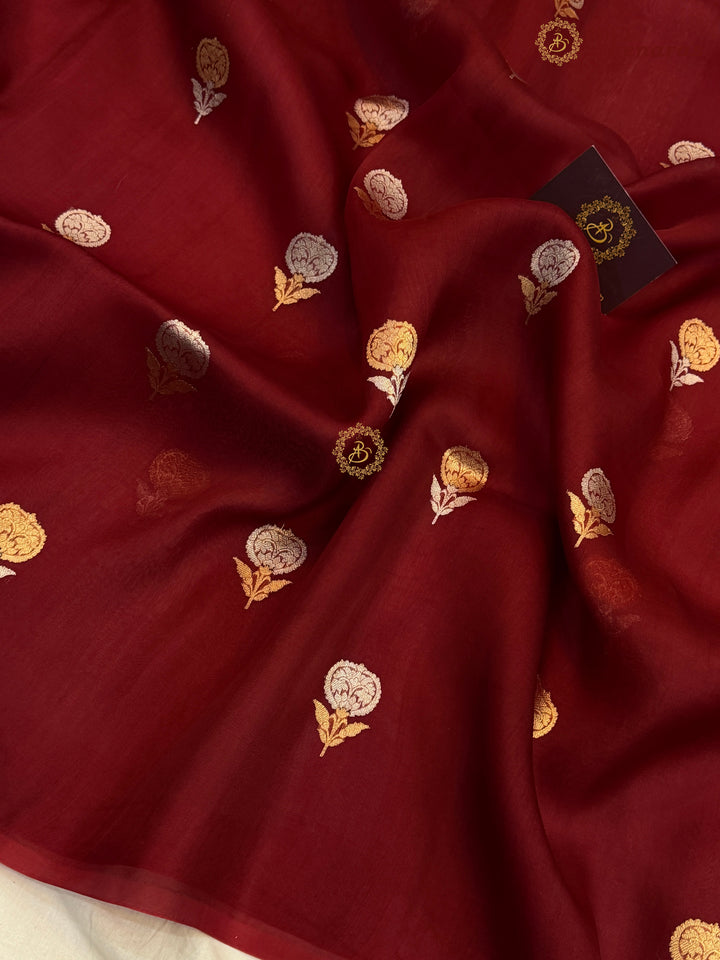 Maroon Kora Silk Banarasi Saree with Sona Rupa Butis