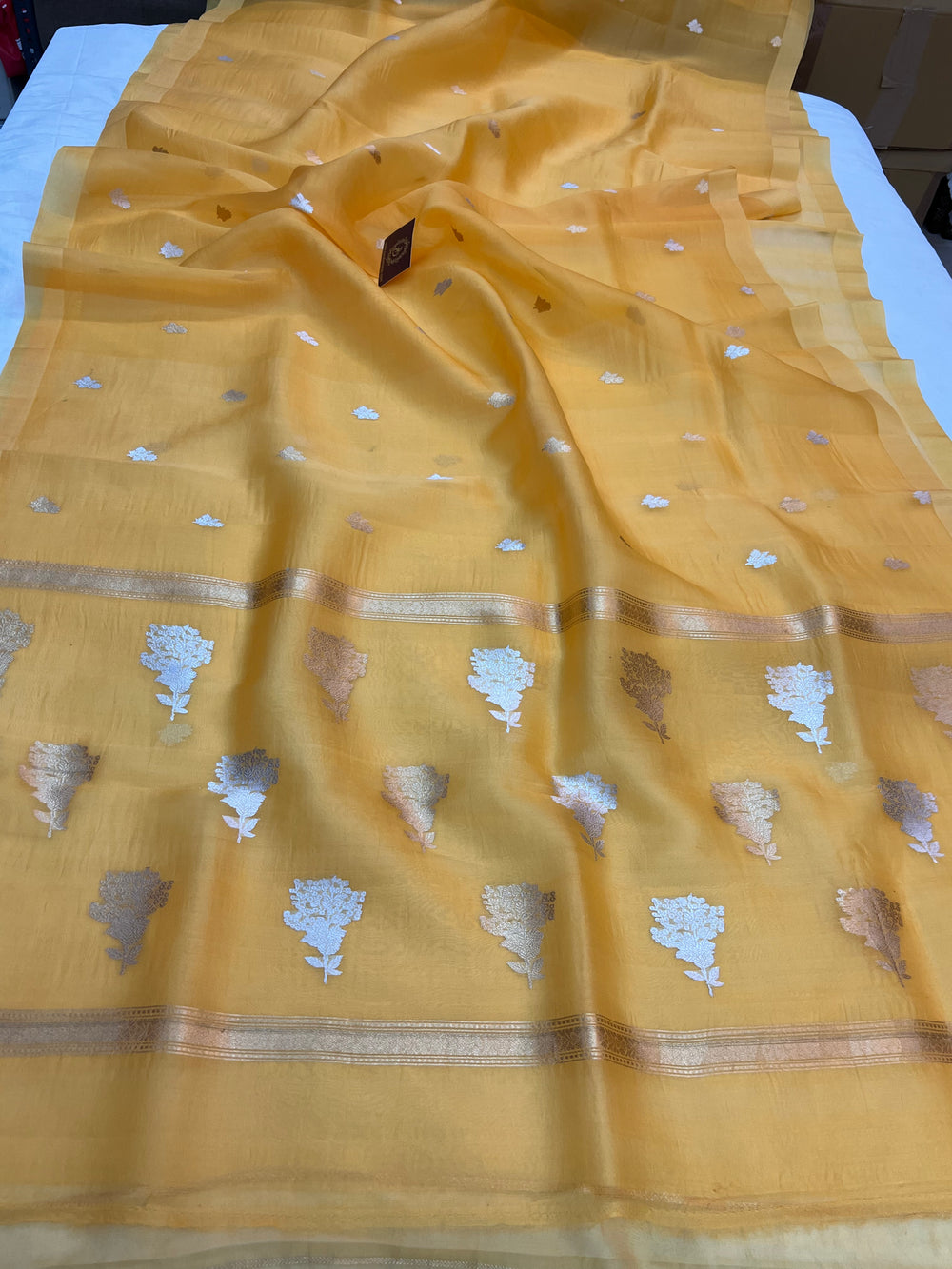 Mango Yellow Kora Silk Banarasi Saree with Sona Rupa Butis 