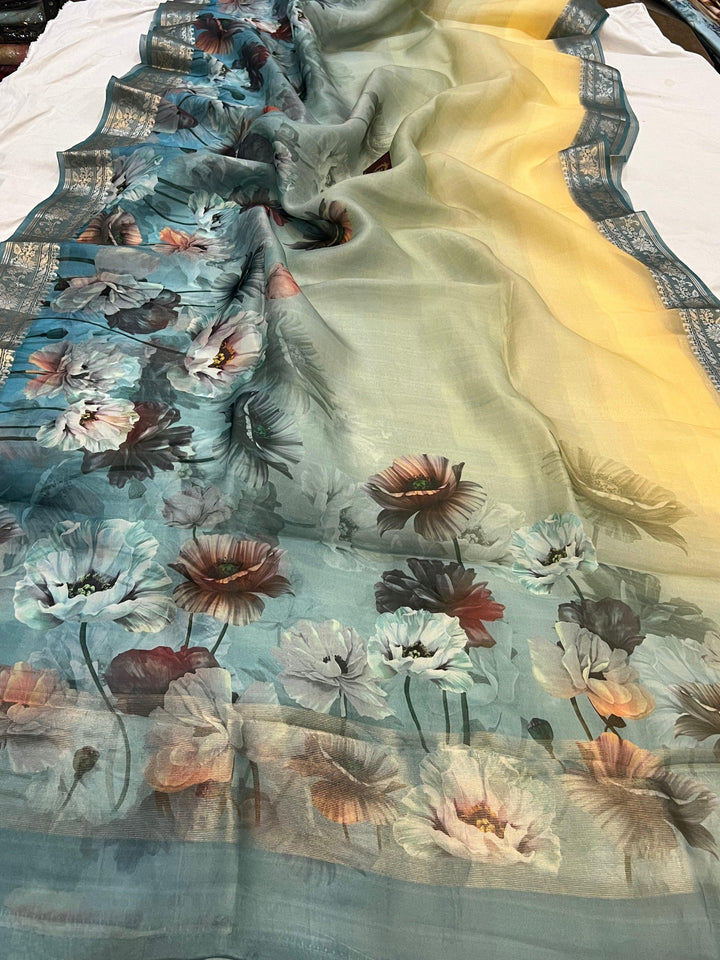 Cream-Blue Banarasi Handloom Kora Silk Saree - Aura Benaras