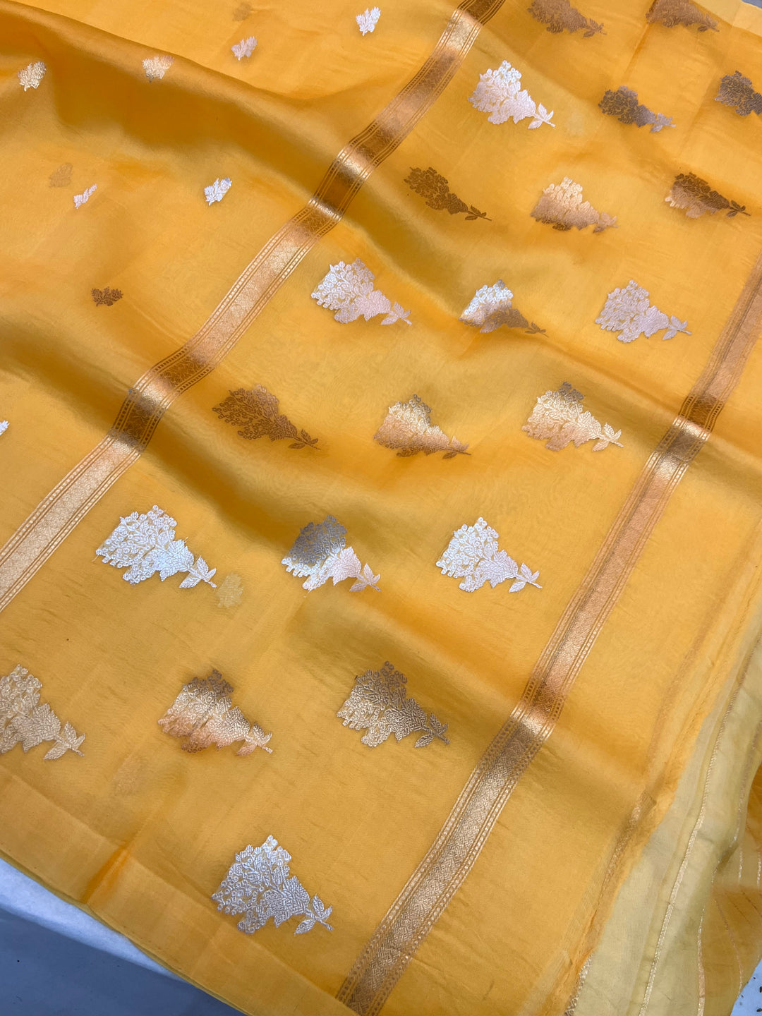 Mango Yellow Kora Silk Banarasi Saree with Sona Rupa Butis 
