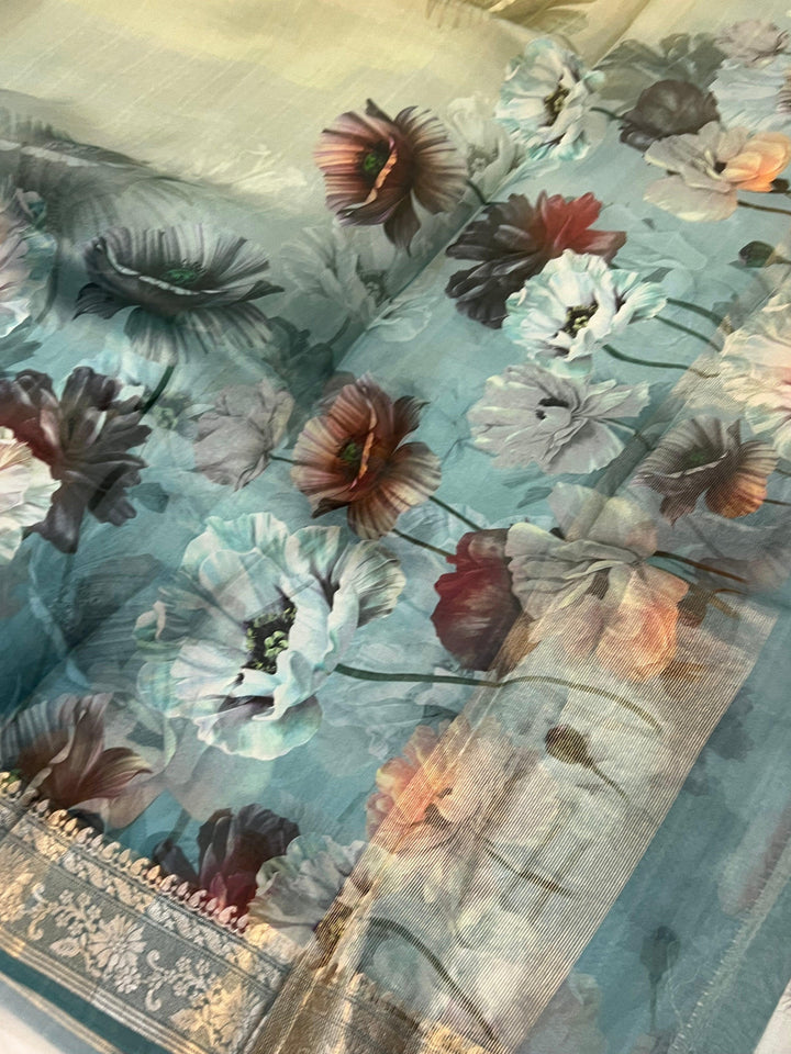 Cream-Blue Shaded Banarasi Handloom Kora Silk Saree