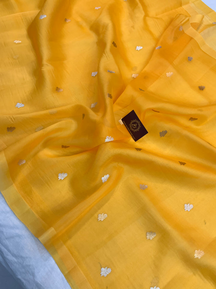 Mango Yellow Kora Silk Banarasi Saree with Sona Rupa Butis 