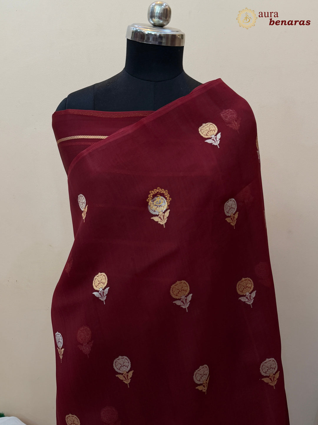 Maroon Kora Silk Banarasi Saree with Sona Rupa Butis