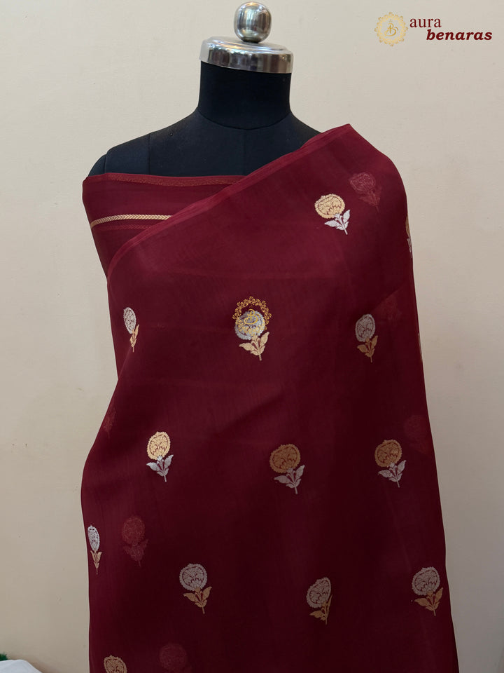 Maroon Kora Silk Banarasi Saree with Sona Rupa Butis