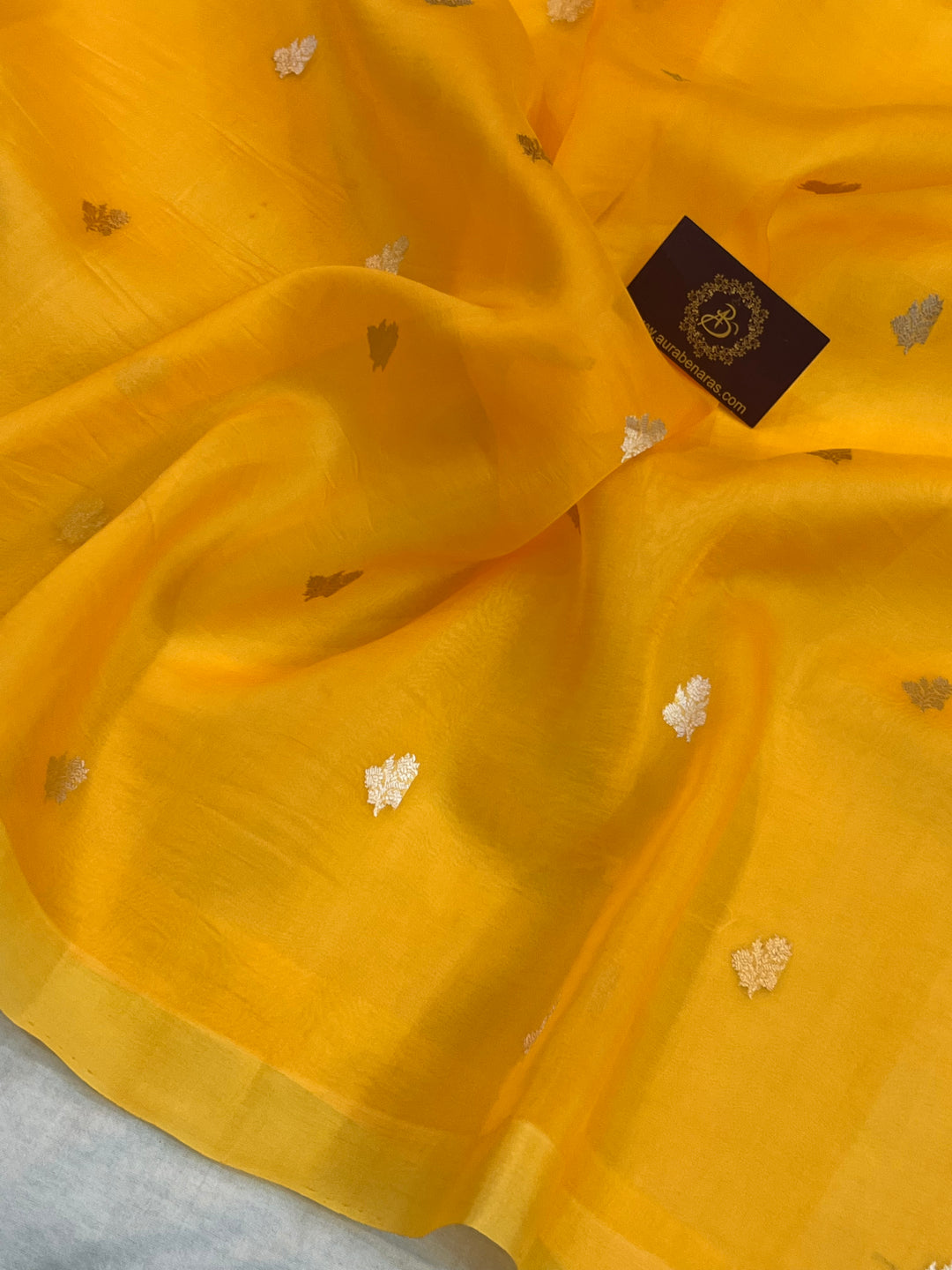 Mango Yellow Kora Silk Banarasi Saree with Sona Rupa Butis 