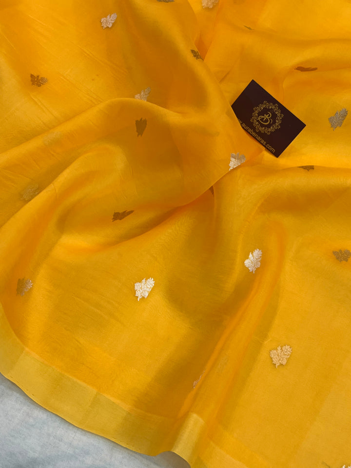 Mango Yellow Kora Silk Banarasi Saree with Sona Rupa Butis 