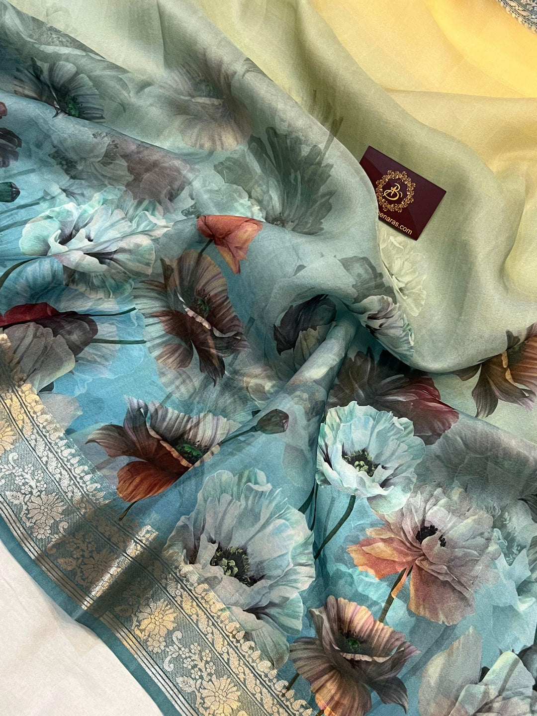 Cream-Blue Banarasi Handloom Kora Silk Saree - Aura Benaras