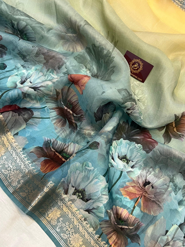 Cream-Blue Banarasi Handloom Kora Silk Saree - Aura Benaras