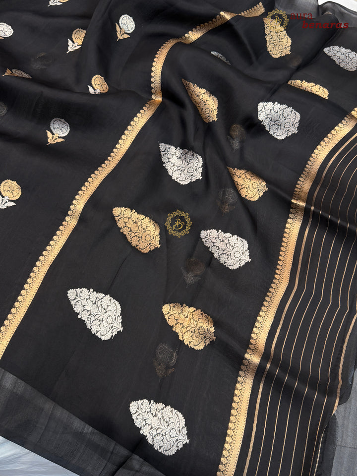 Black Kora Silk Banarasi Saree with Sona Rupa Butis