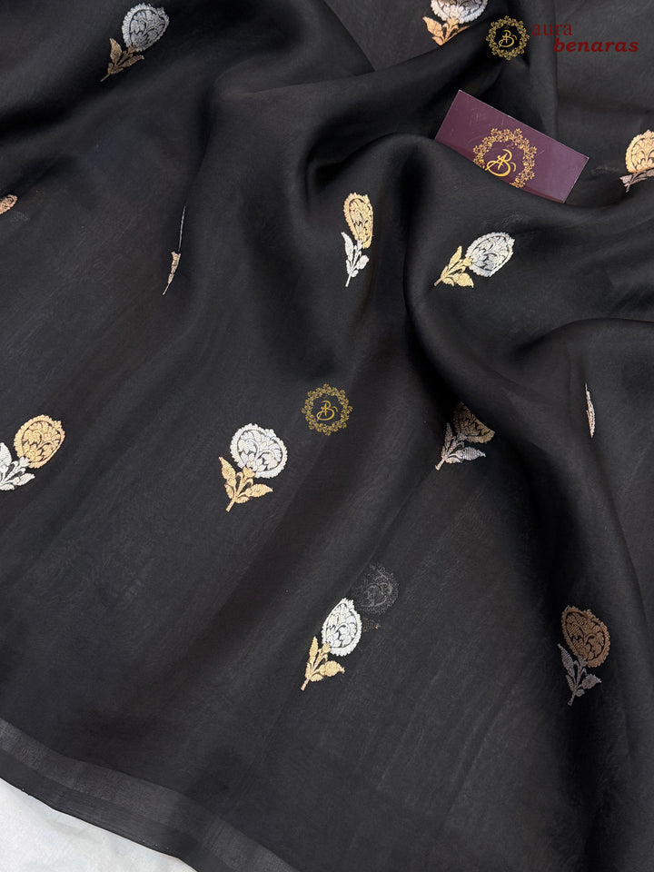 Black Kora Silk Banarasi Saree with Sona Rupa Butis