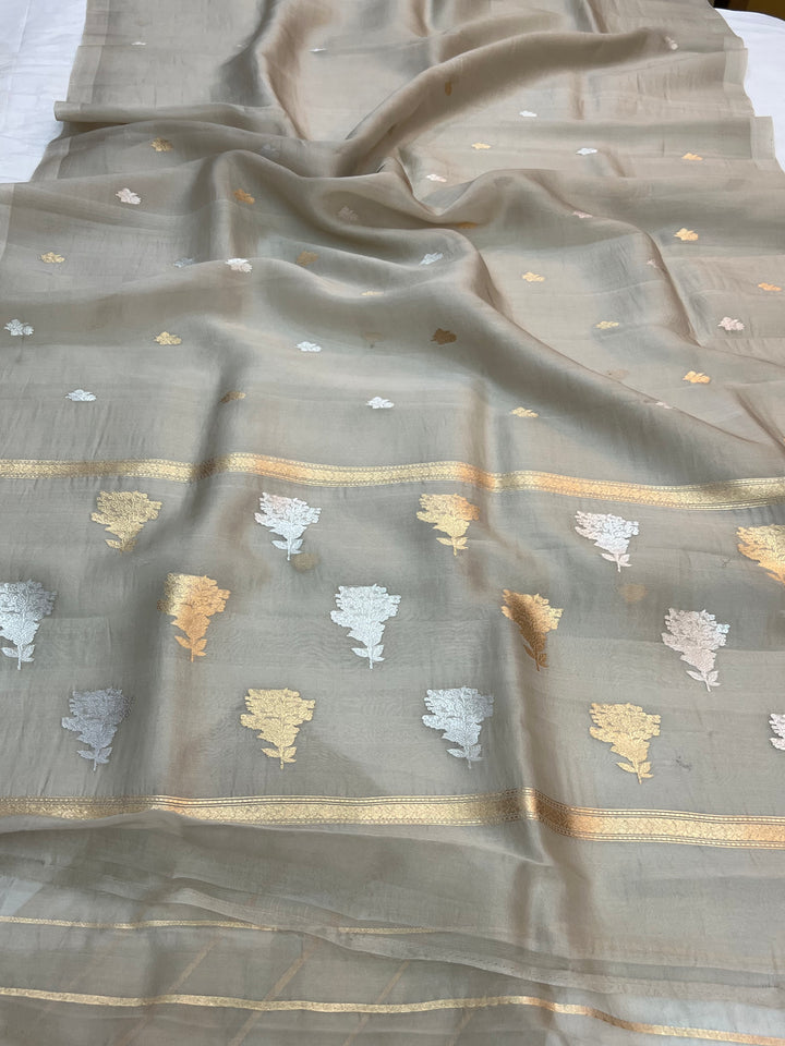 Ash Grey Kora Silk Banarasi Saree with Sona Rupa Butis 