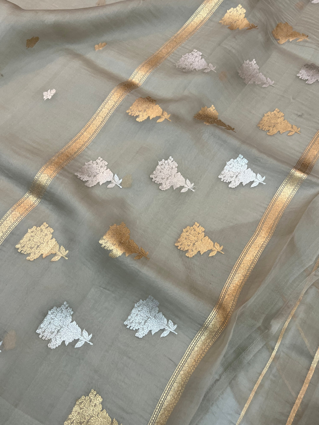 Ash Grey Kora Silk Banarasi Saree with Sona Rupa Butis 