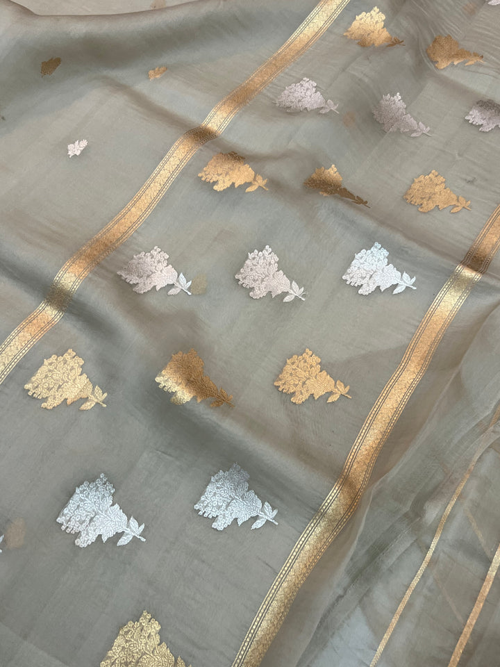 Ash Grey Kora Silk Banarasi Saree with Sona Rupa Butis 