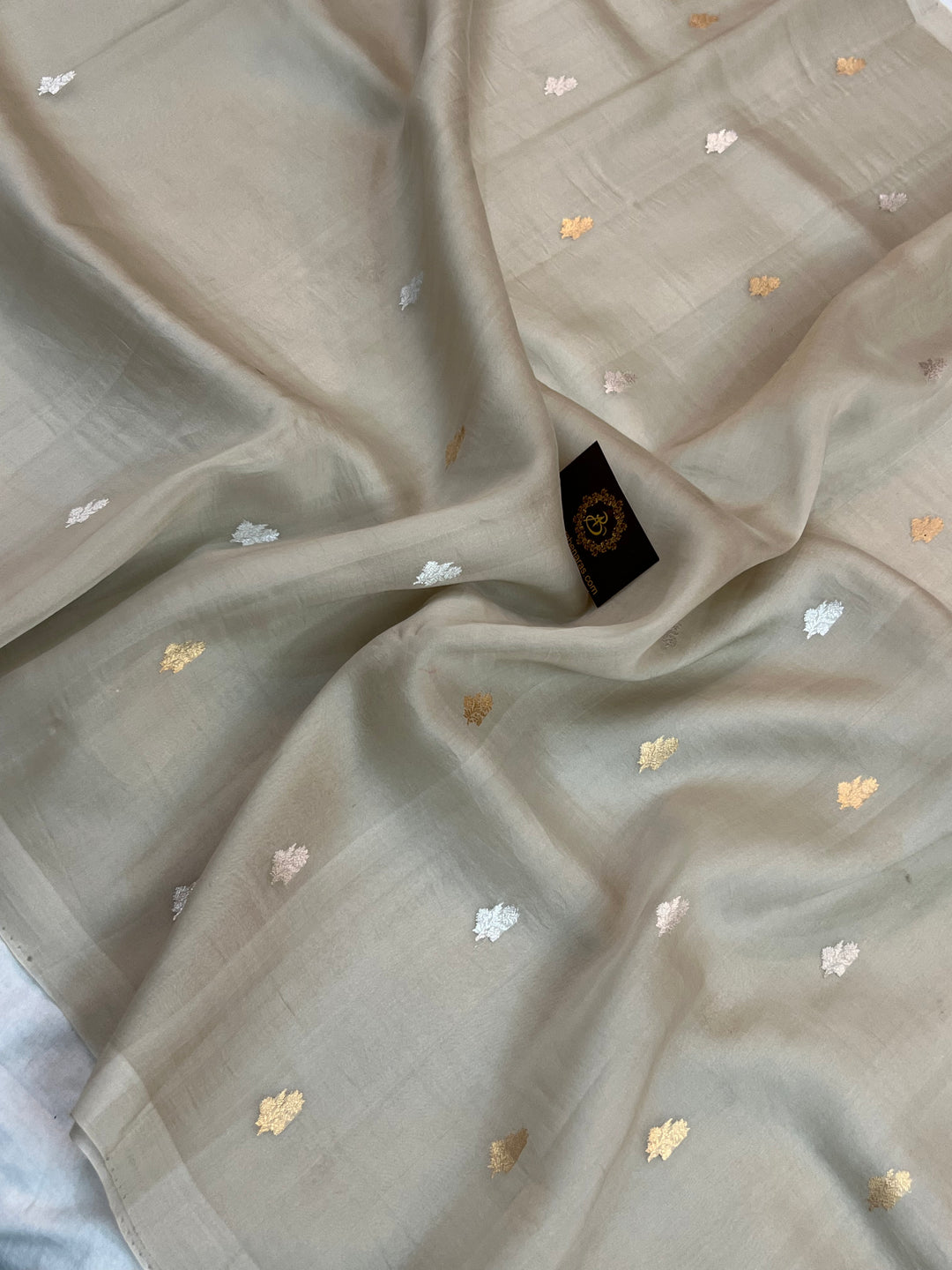 Ash Grey Kora Silk Banarasi Saree with Sona Rupa Butis 