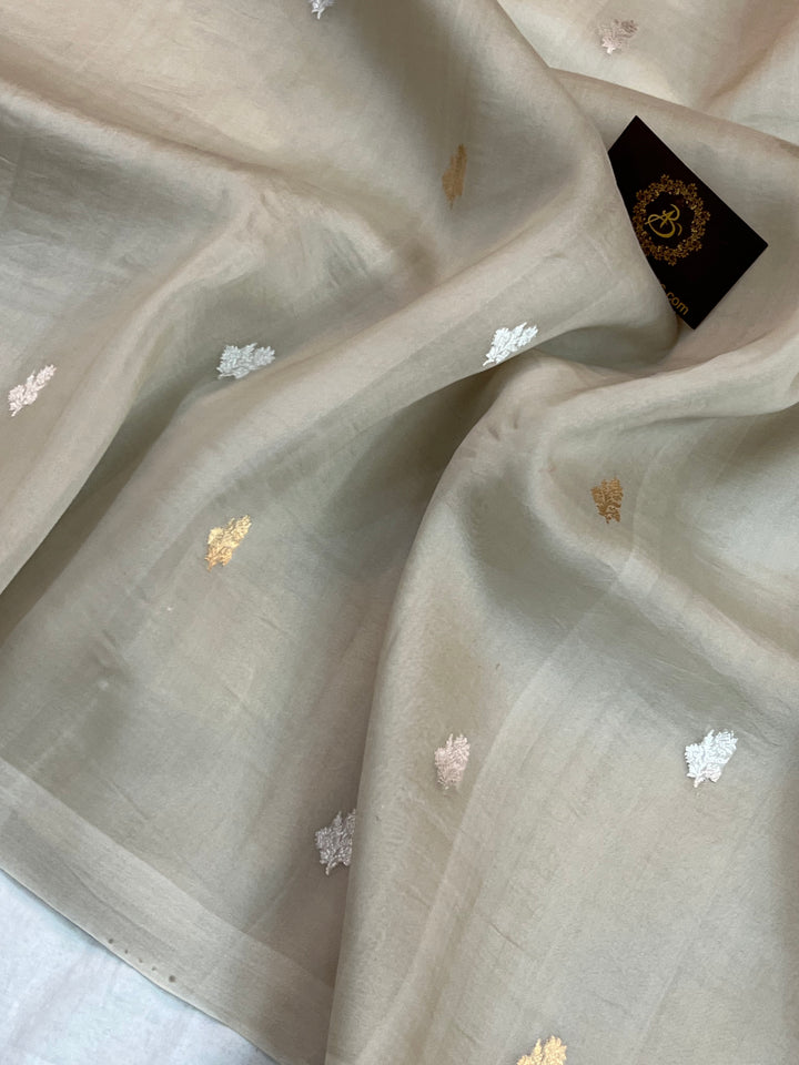 Ash Grey Kora Silk Banarasi Saree with Sona Rupa Butis 