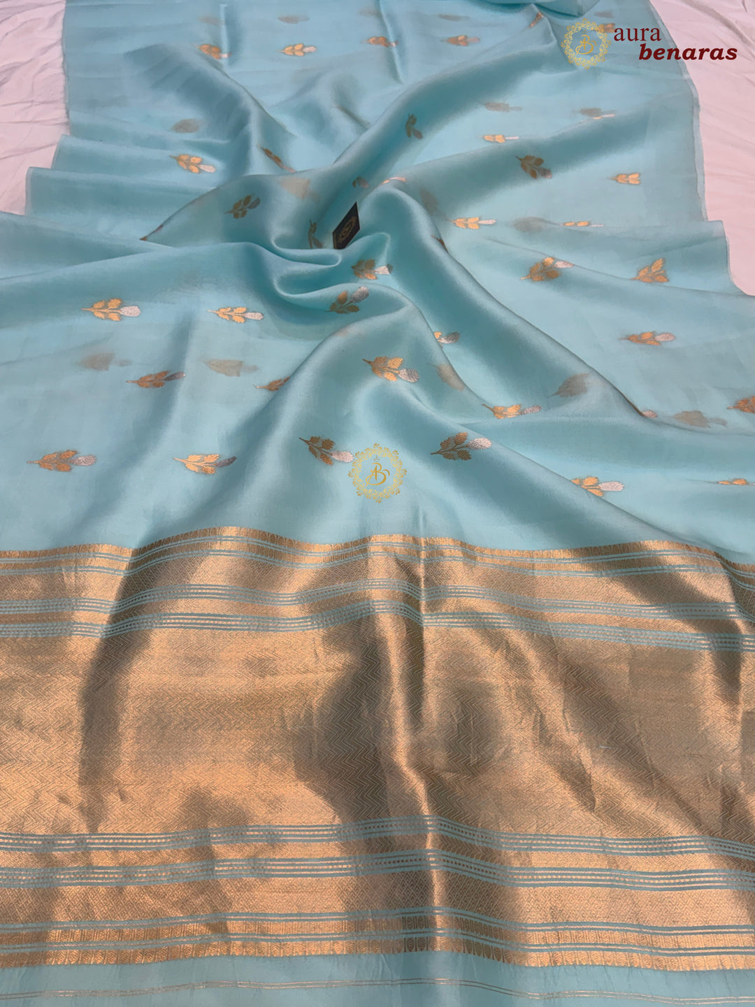 Sky Blue Kora Silk Banarasi Saree with Sona Rupa Butis