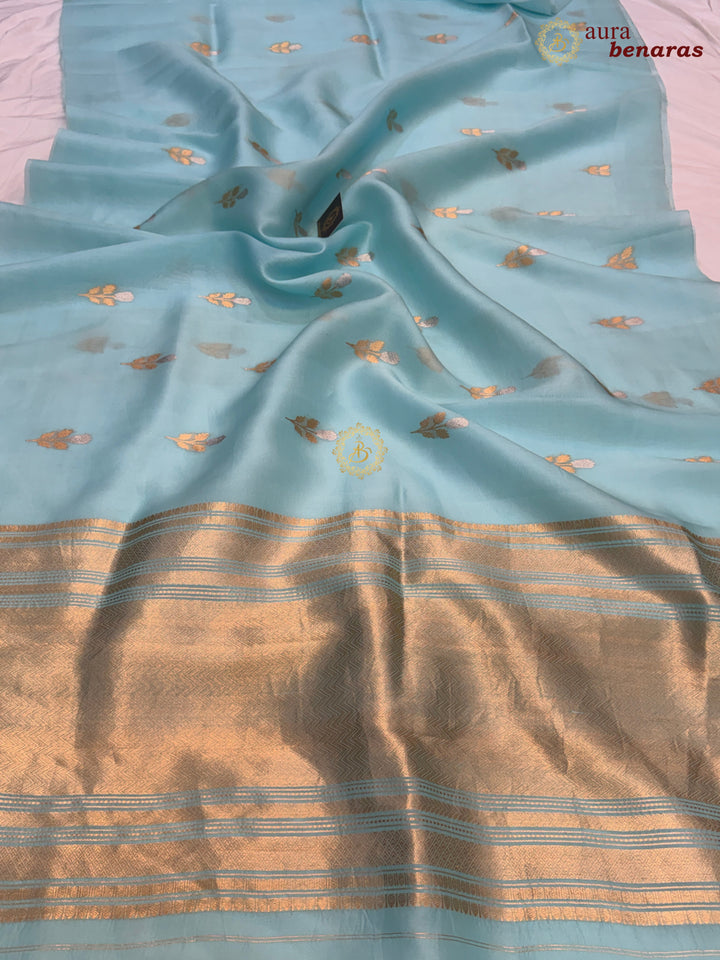 Sky Blue Kora Silk Banarasi Saree with Sona Rupa Butis