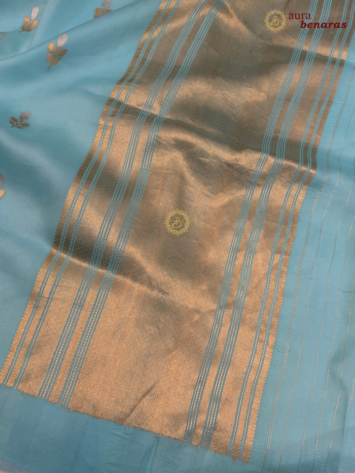 Sky Blue Kora Silk Banarasi Saree with Sona Rupa Butis