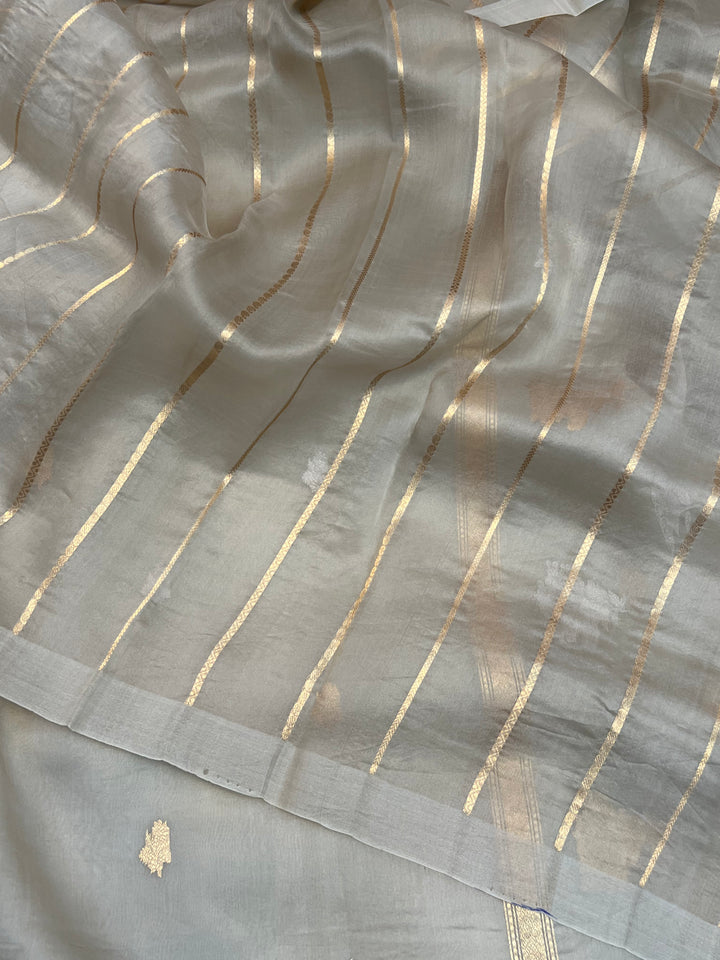 Ash Grey Kora Silk Banarasi Saree with Sona Rupa Butis 