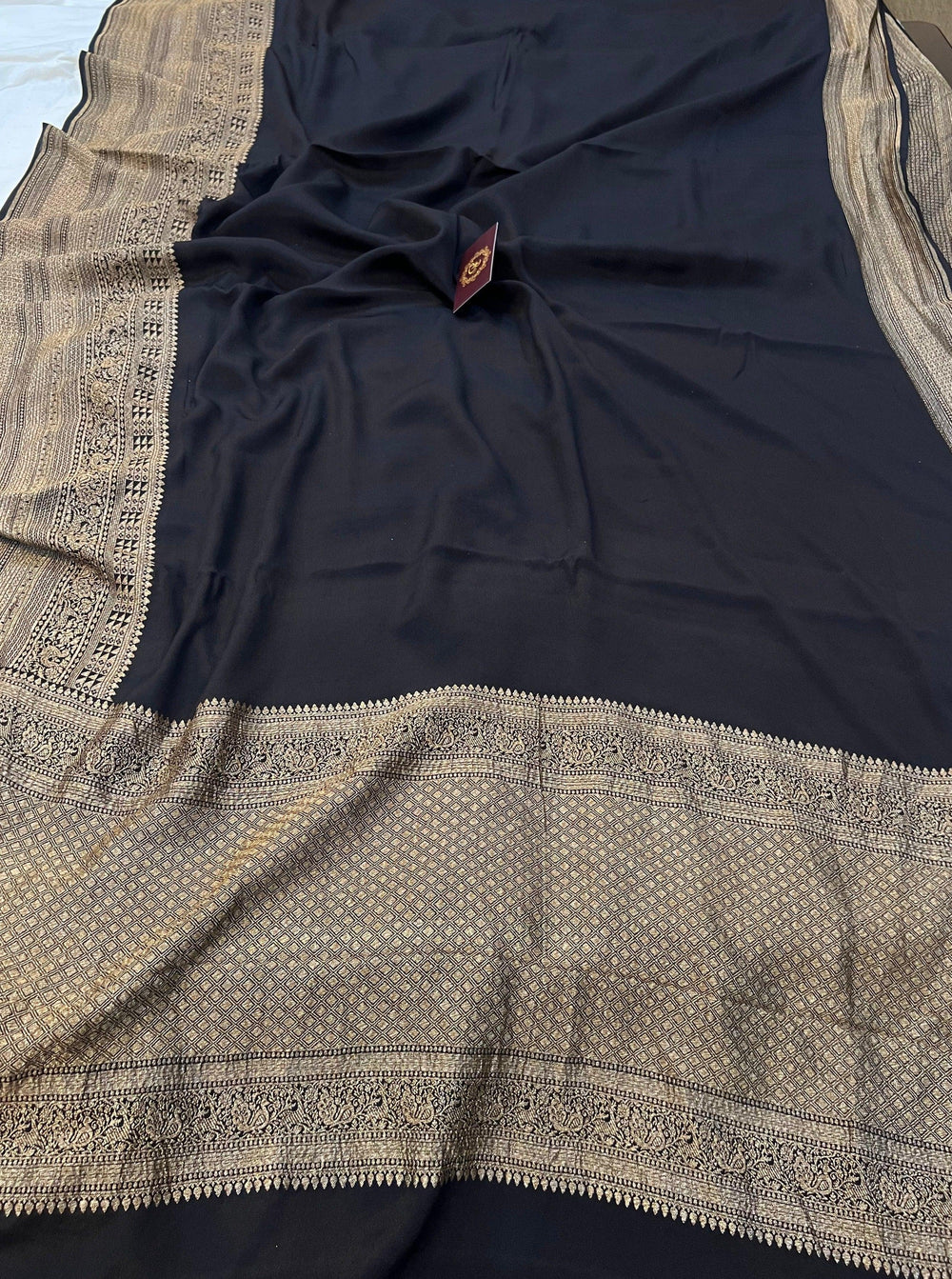 Black Pure Banarasi Khaddi Crepe Silk Saree - Aura Benaras