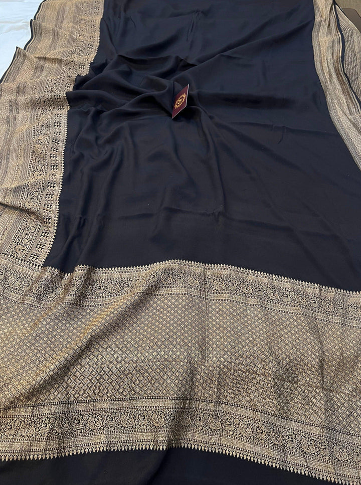 Black Pure Banarasi Khaddi Crepe Silk Saree - Aura Benaras