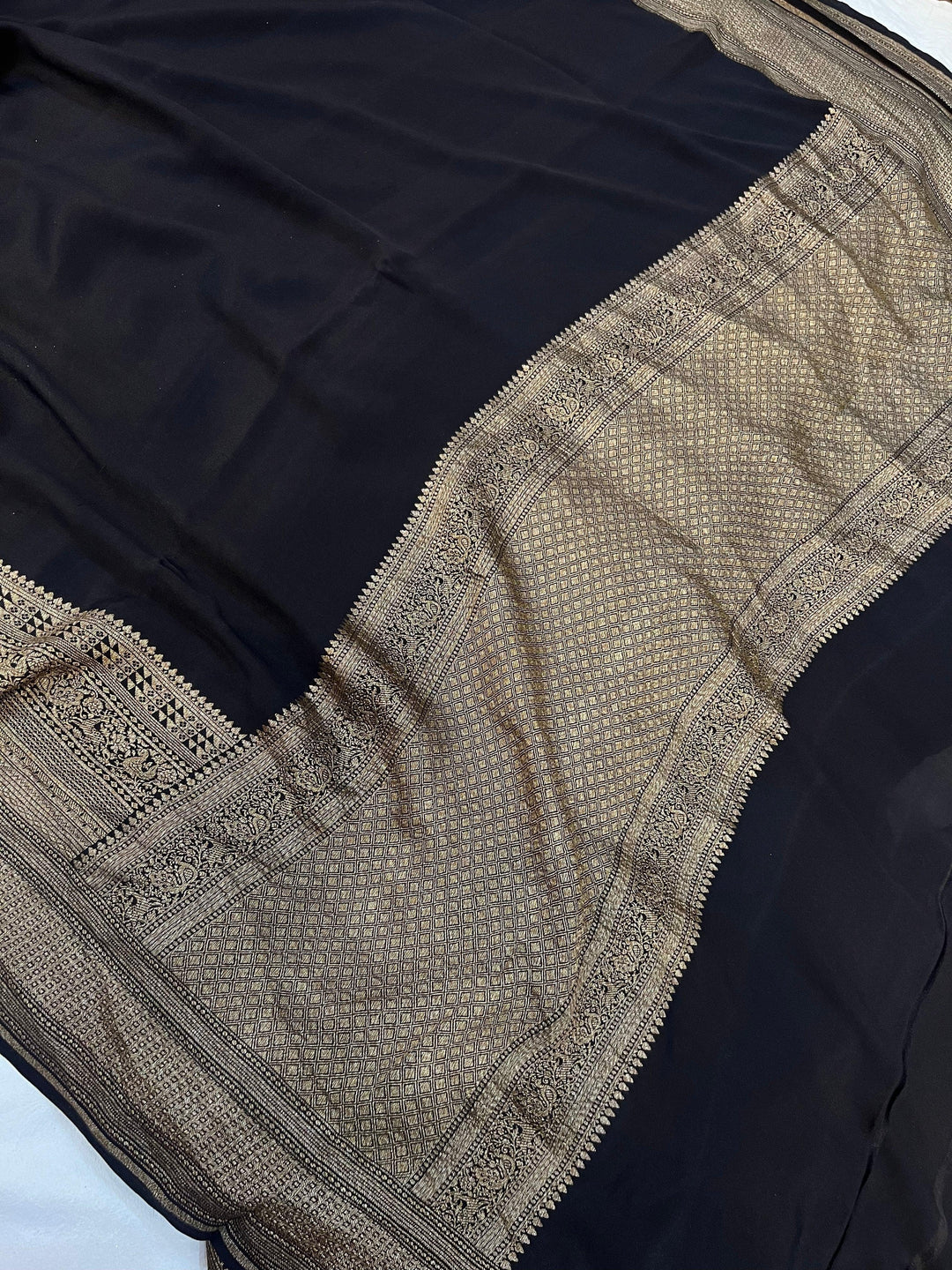 Black Pure Banarasi Khaddi Crepe Silk Saree - Aura Benaras