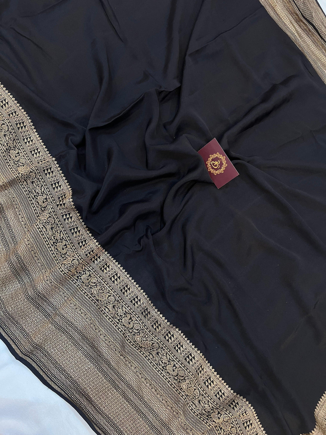 Black Pure Banarasi Khaddi Crepe Silk Saree - Aura Benaras