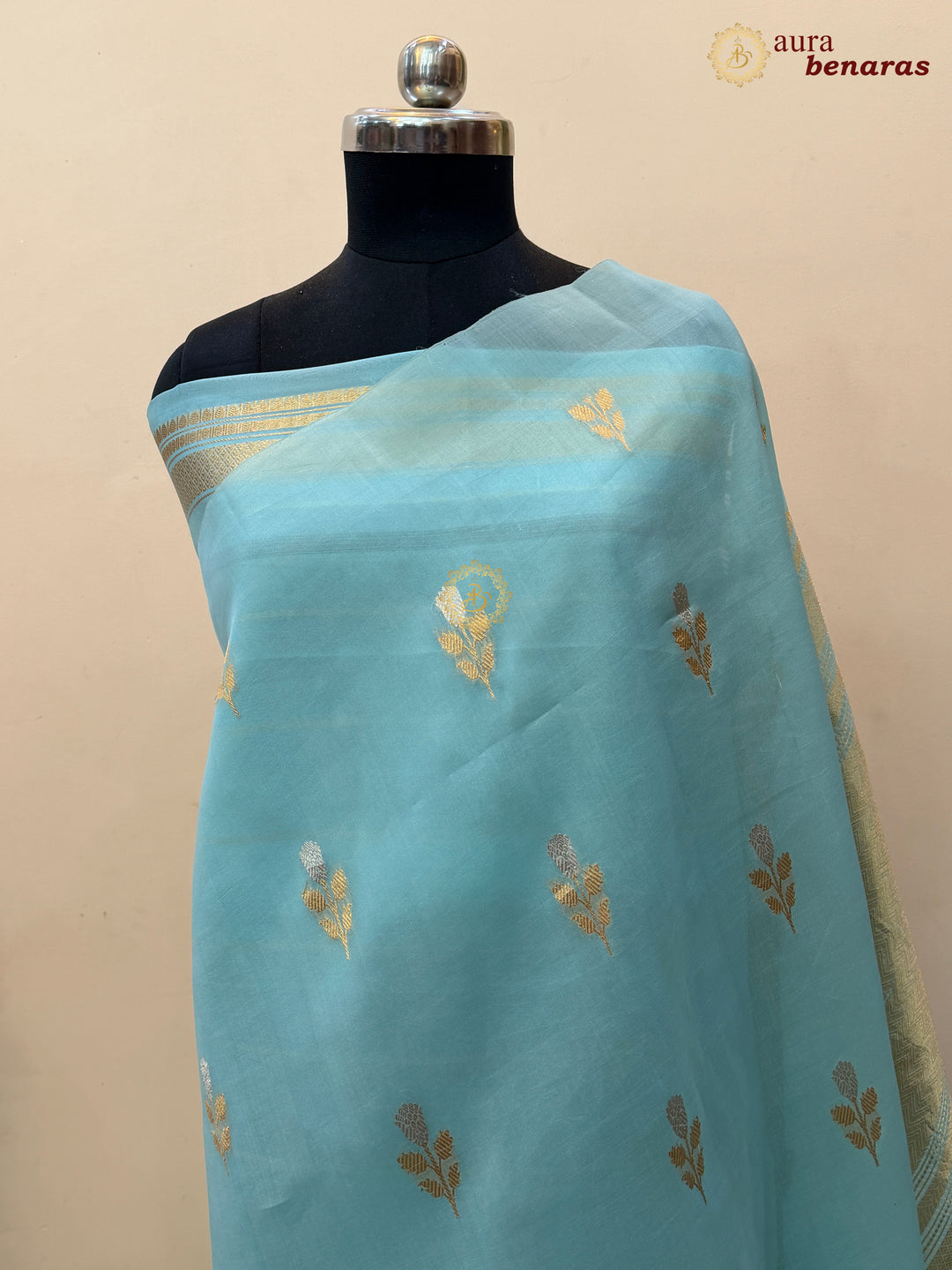 Sky Blue Kora Silk Banarasi Saree with Sona Rupa Butis