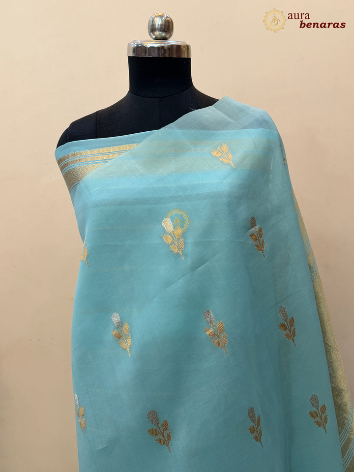 Sky Blue Kora Silk Banarasi Saree with Sona Rupa Butis