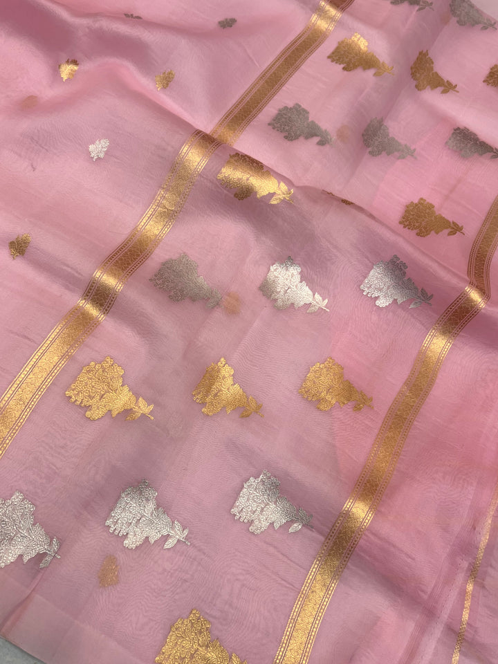 Baby Pink Kora Silk Banarasi Saree with Sona Rupa Butis 