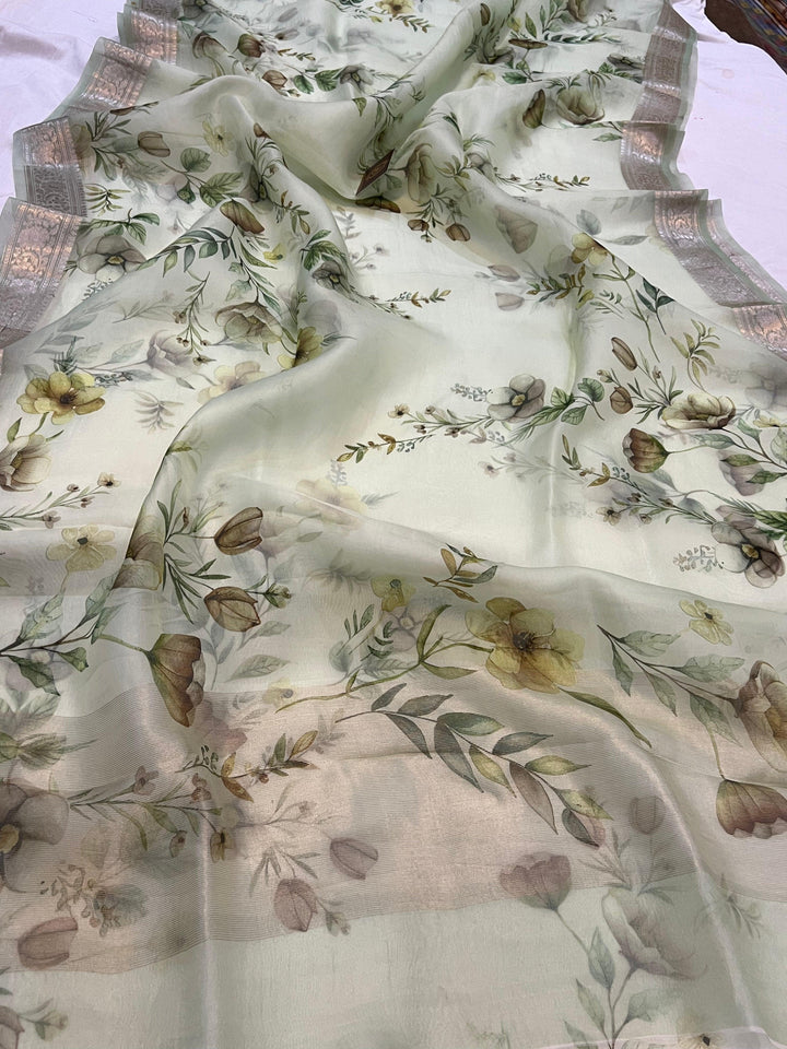 Pale Green Banarasi Handloom Kora Silk Saree - Aura Benaras