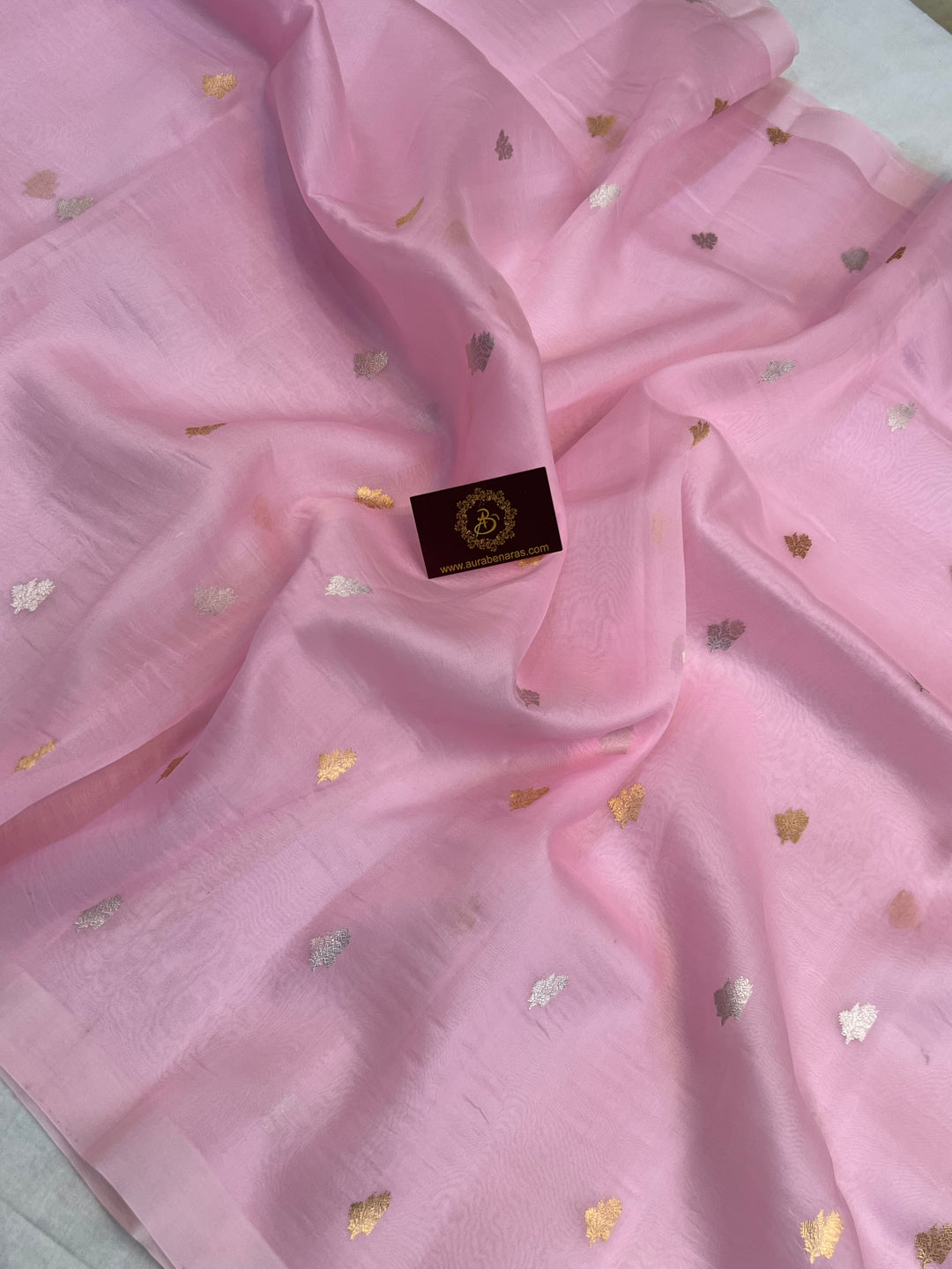Baby Pink Kora Silk Banarasi Saree with Sona Rupa Butis 