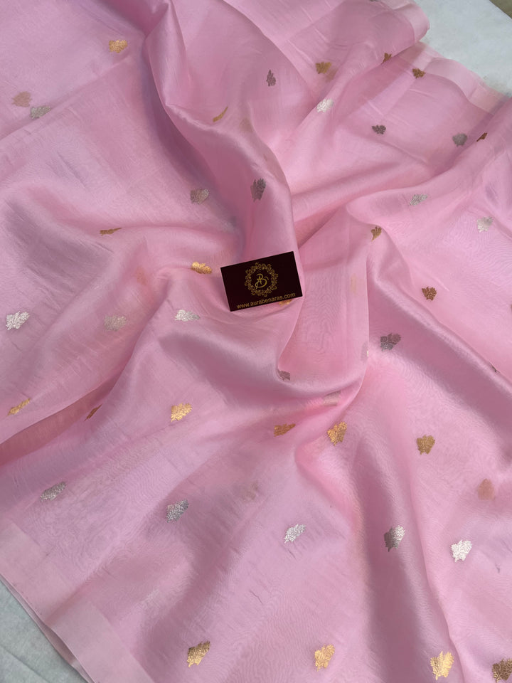Baby Pink Kora Silk Banarasi Saree with Sona Rupa Butis 