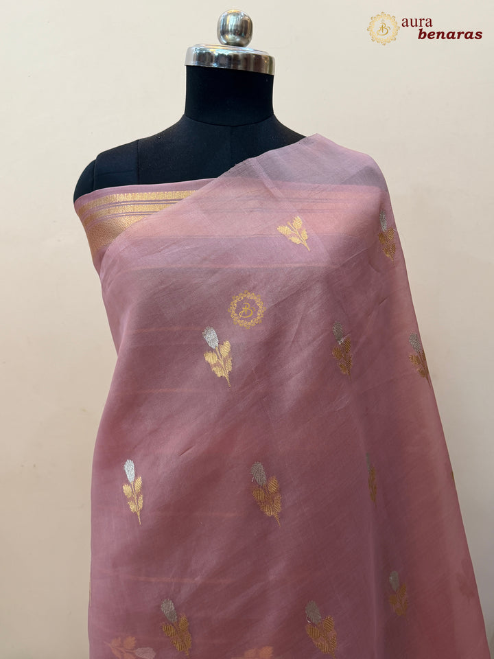 Old Rose Kora Silk Banarasi Saree with Sona Rupa Butis
