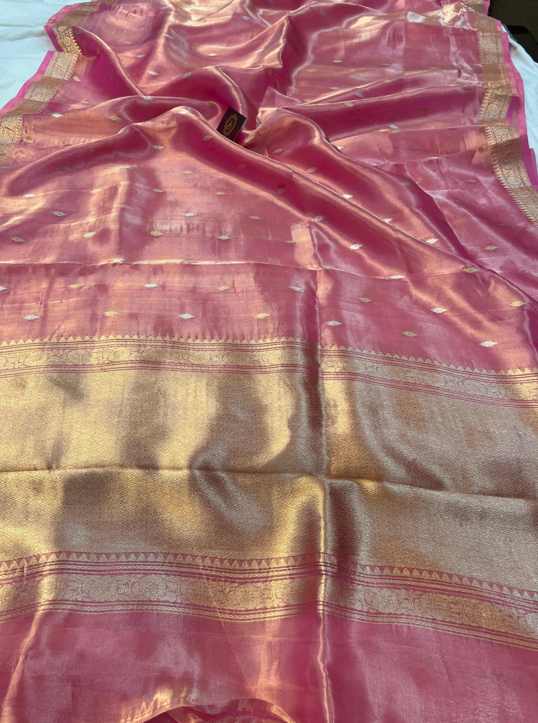 Rose Pink Banarasi Handloom Organza Tissue Silk Saree - Aura Benaras