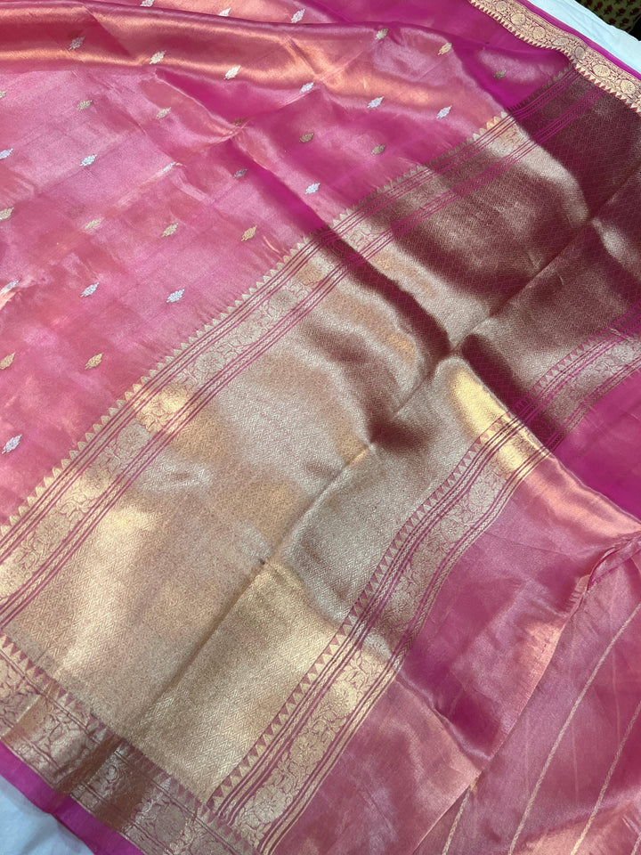 Rose Pink Banarasi Handloom Organza Tissue Silk Saree - Aura Benaras