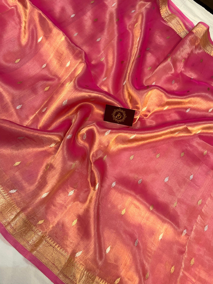 Rose Pink Banarasi Handloom Organza Tissue Silk Saree - Aura Benaras