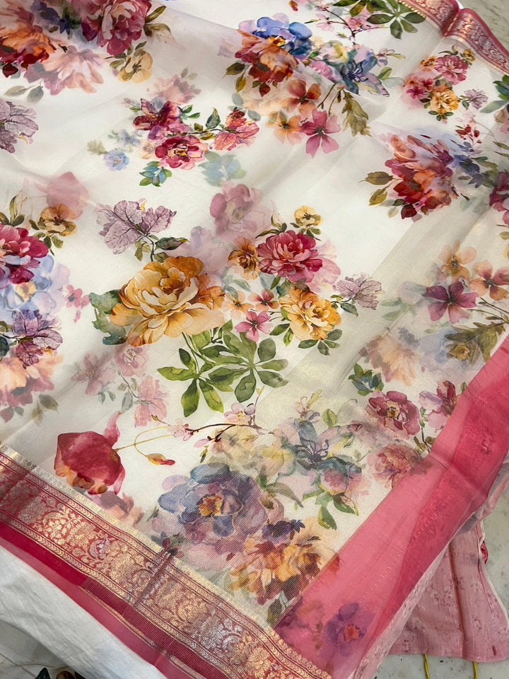 White Banarasi Handloom Kora Silk Saree - Aura Benaras