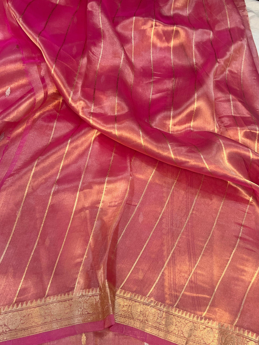 Rose Pink Banarasi Handloom Organza Tissue Silk Saree - Aura Benaras