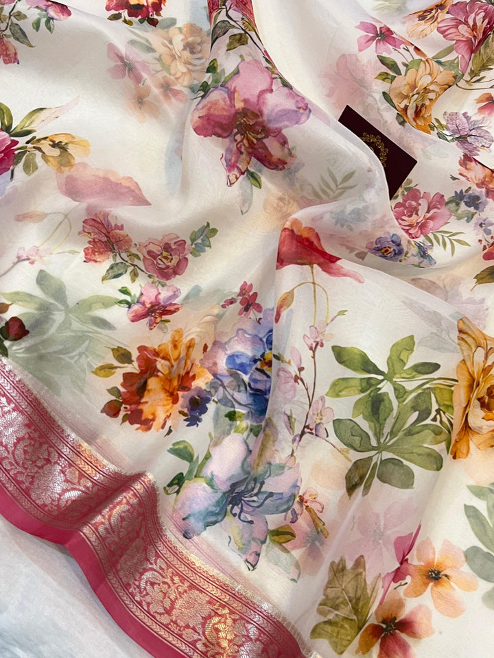 White Banarasi Handloom Kora Silk Saree - Aura Benaras