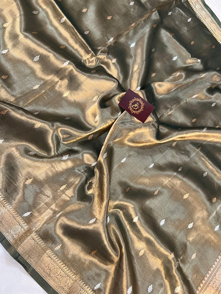 Bottle Green Banarasi Handloom Organza Tissue Silk Saree - Aura Benaras