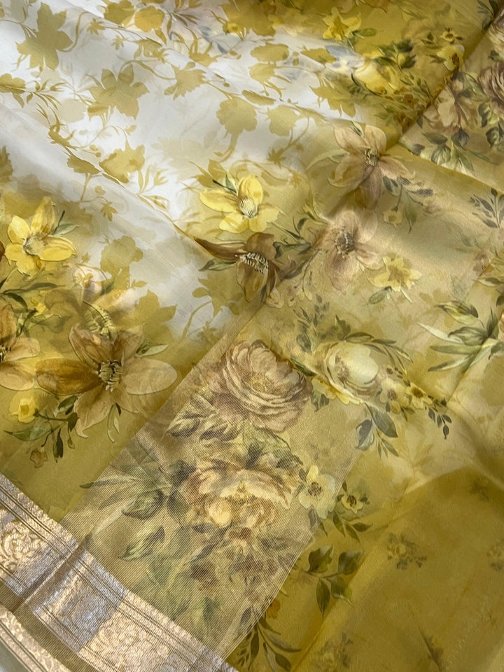 White-Yellow Banarasi Handloom Kora Silk Saree - Aura Benaras