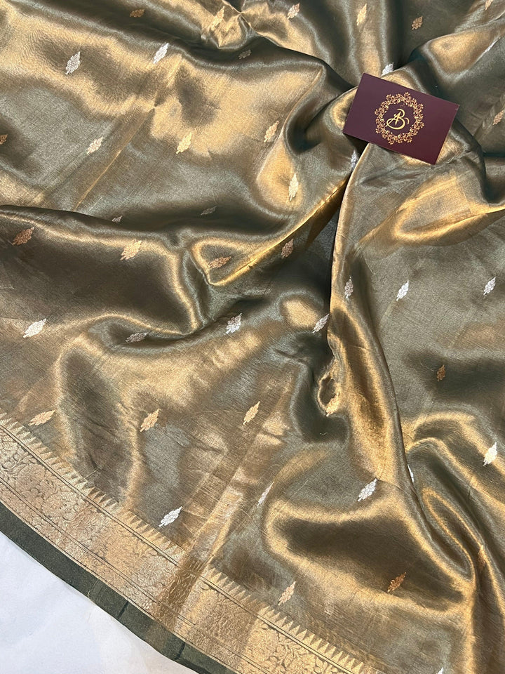 Bottle Green Banarasi Handloom Organza Tissue Silk Saree - Aura Benaras