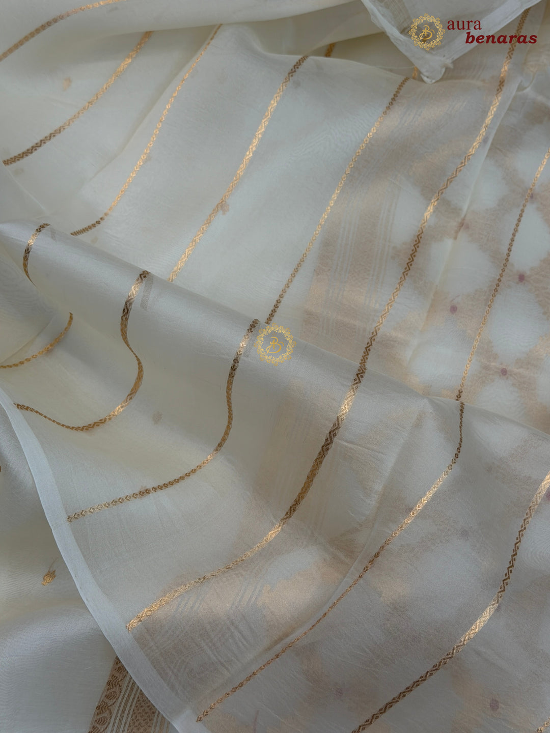Off White Kora Silk Banarasi Saree – Kadhwa Butis in Zari