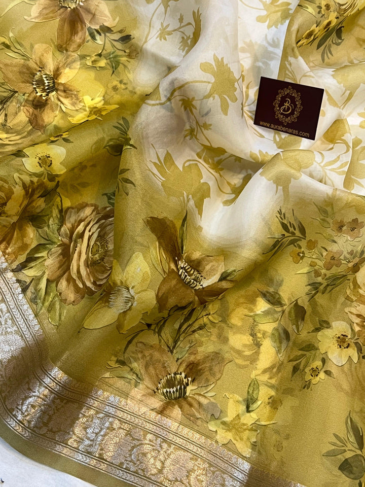 White-Yellow Banarasi Handloom Kora Silk Saree - Aura Benaras