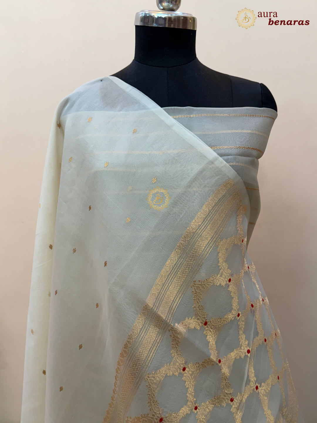 Off White Kora Silk Banarasi Saree – Kadhwa Butis in Zari